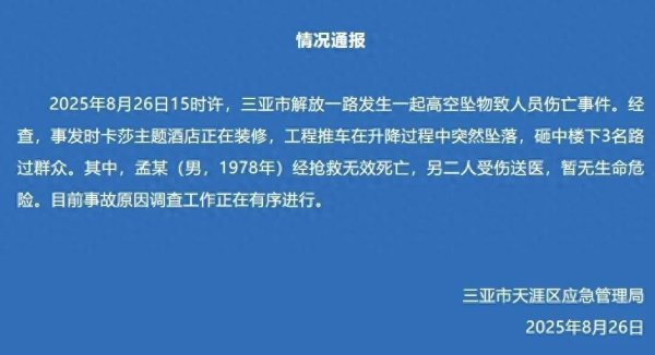 股鑫所 三亚一酒店装修工程推车坠落，砸中3名路人，其中1人经抢救无效死亡